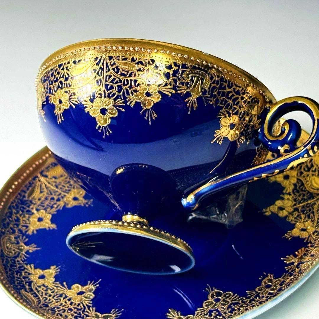 逸品■オールドノリタケ コバルト 金盛 レース装飾 ペディスタル カップソーサー