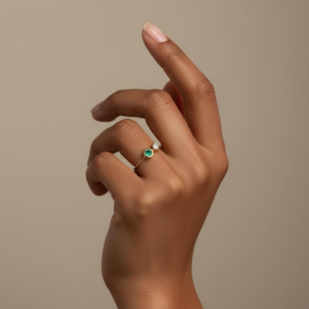 天然トルマリン粉末混 人工パライバ × モアサナイト チェーンリング14KGF