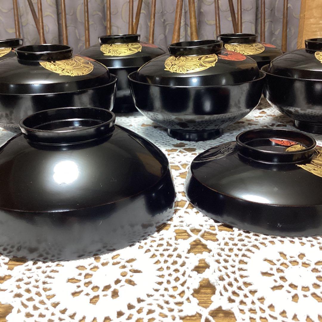 k2f16 黒色漆器 吸物椀 10客　金色花模様　四君子　年代物