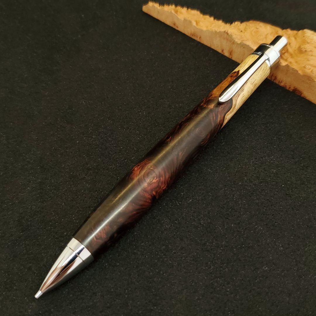 No.27ハンドメイド木軸シャーペンロースウッド瘤蜜蝋ワックス仕上げ