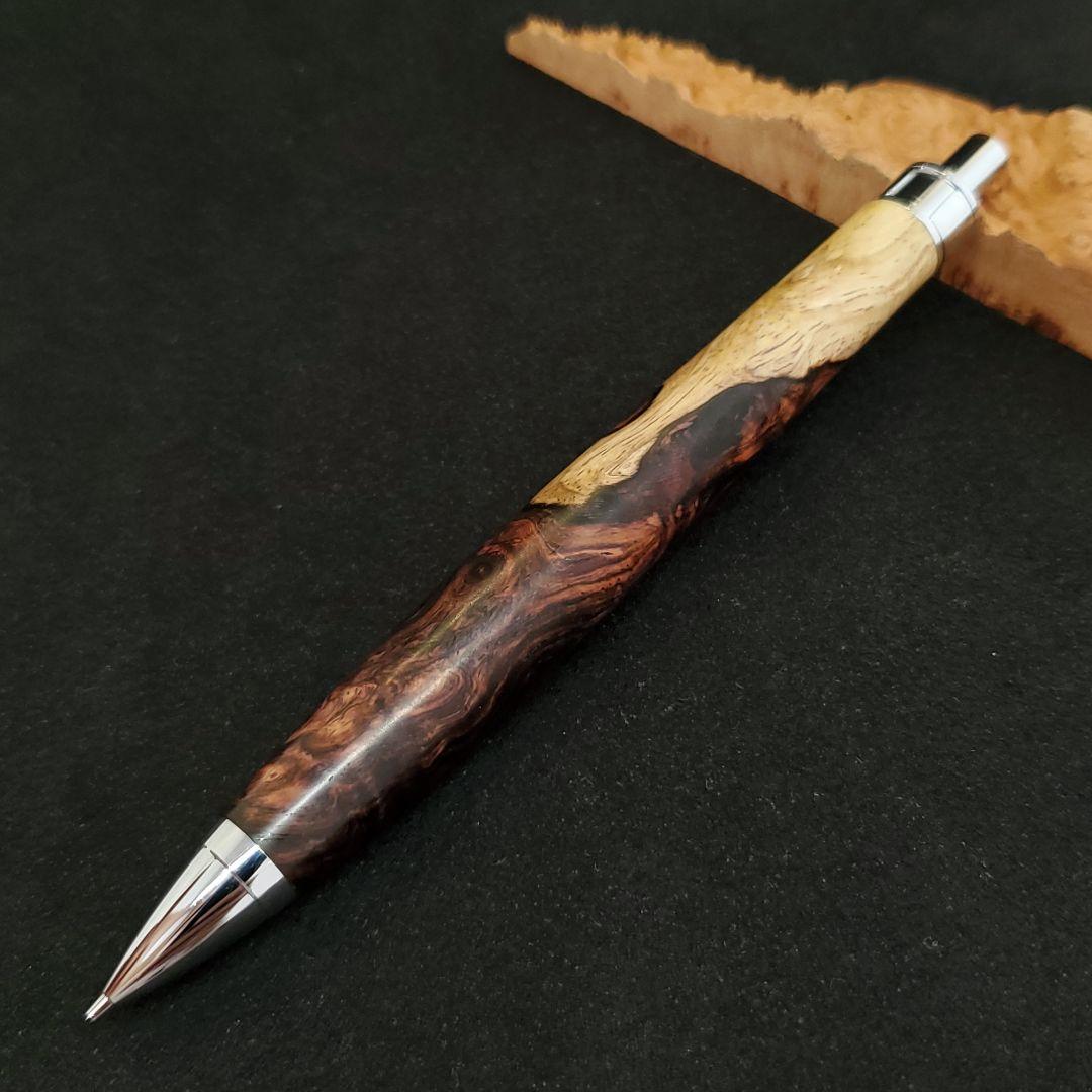 No.27ハンドメイド木軸シャーペンロースウッド瘤蜜蝋ワックス仕上げ