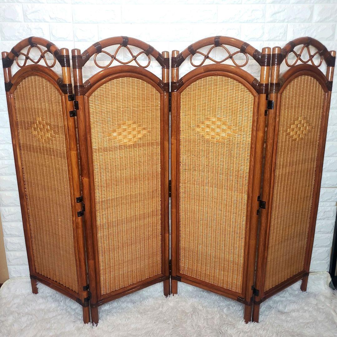 ラタン製アーチ型パーテーション 4パネル