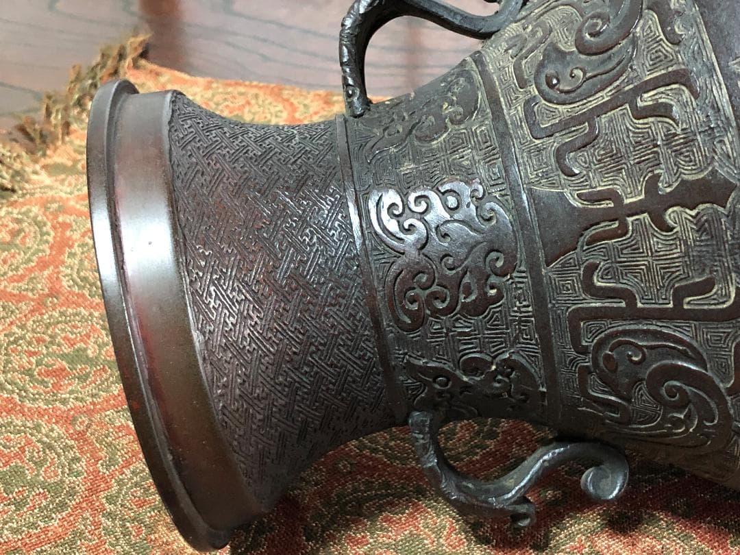 【 唐銅双耳壺 】 花入/花生 清朝初期 中国古玩