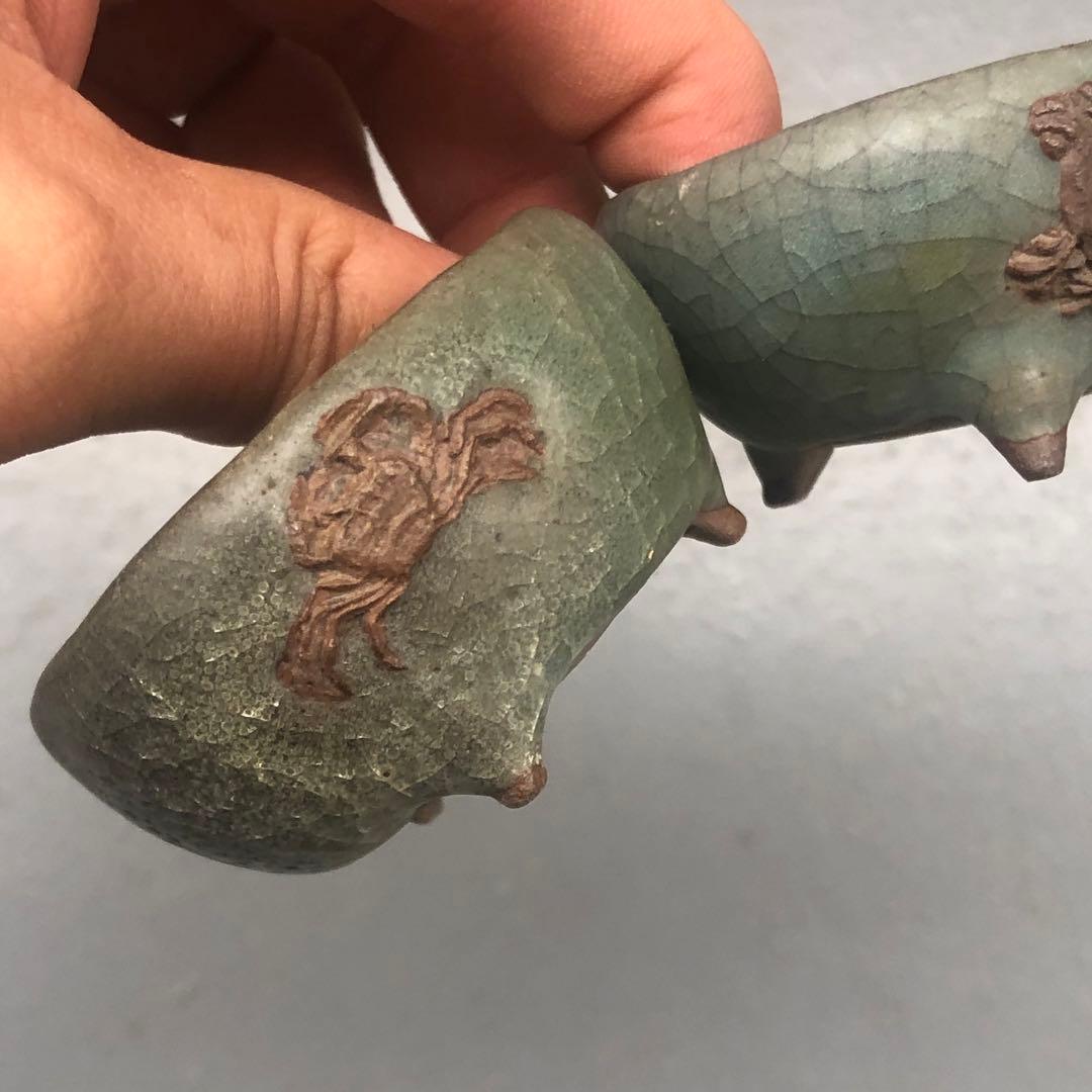 331.彫刻豆丸鉢2点 盆栽鉢 5.5*3cm