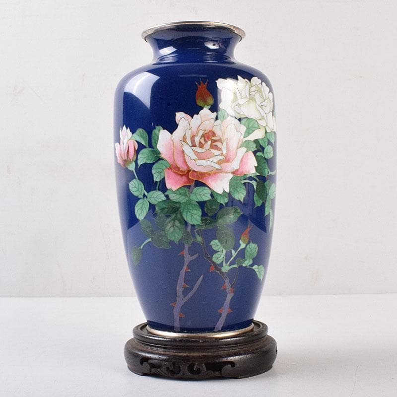 七宝焼　薔薇文　花瓶　唐木台付　時代箱　M　R9058