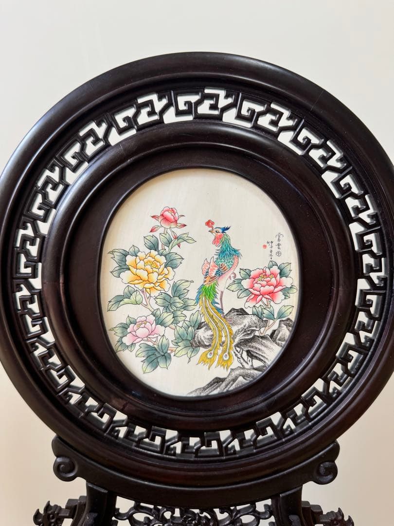 中国美術工芸品 木彫透かし屏風 花鳥図 高43cm 幅24cm 台座・箱付