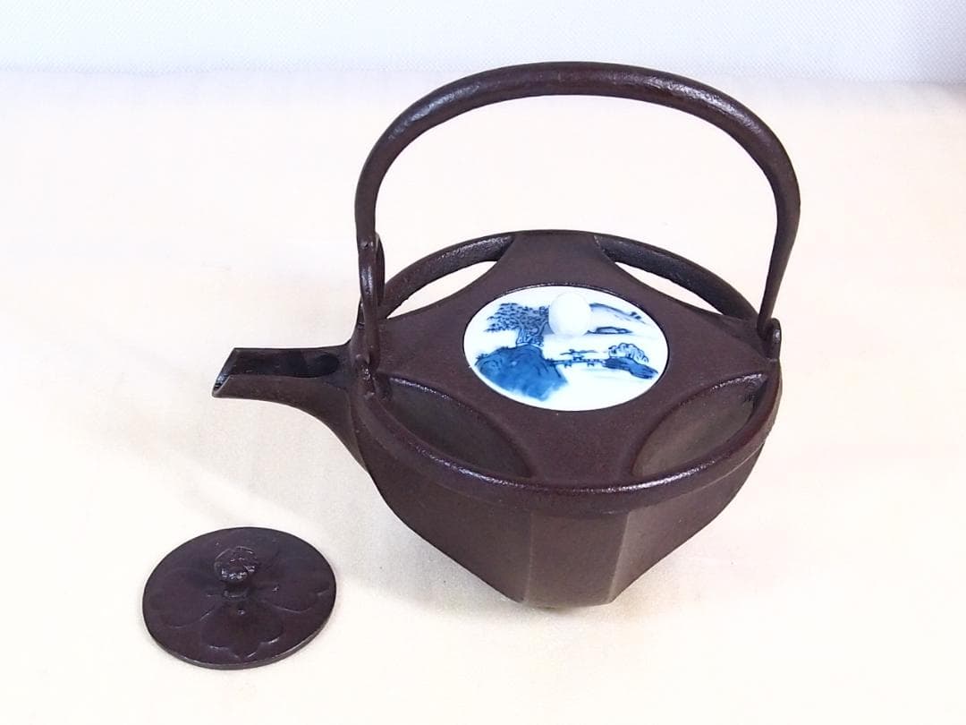 【未使用】佐藤浄清 七宝 銚子 山水染付替え蓋付き 酒次/酒注ぎ 酒器/鉄器