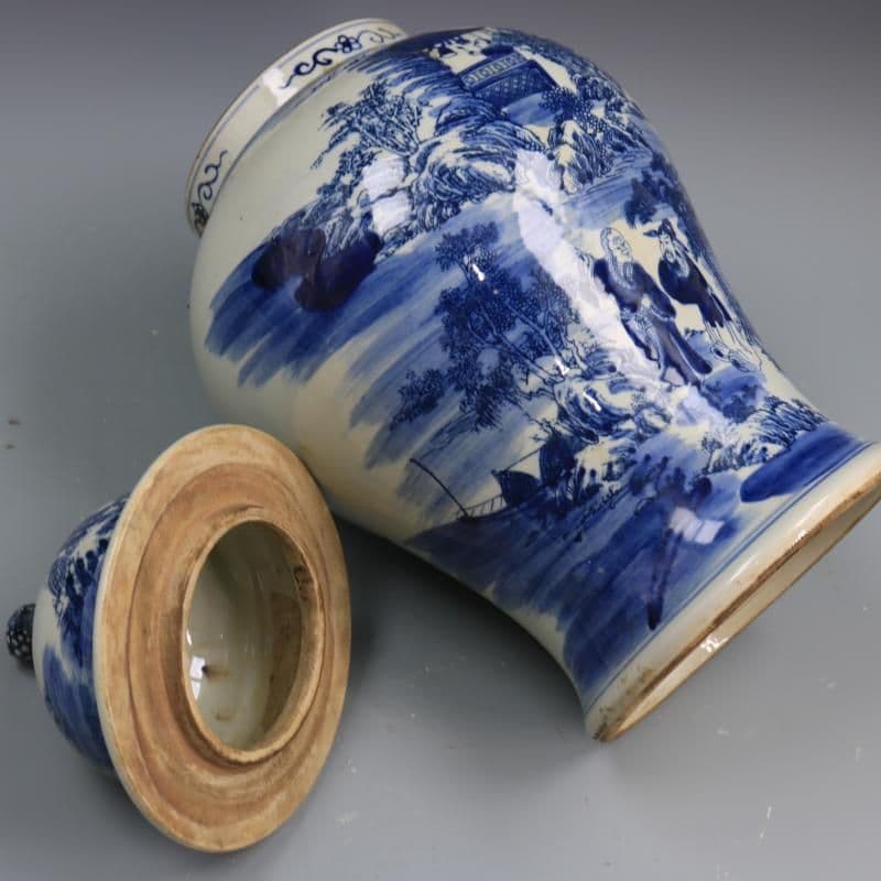 清康熙鯖山水人物獅子頭将軍缶 景徳鎮 陶磁器 装飾品 現代工芸品 美術品 置物