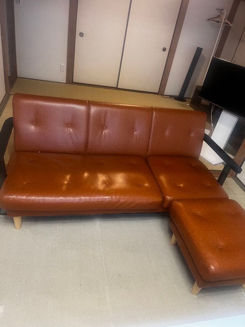 ブラウン カウチソファセット オットマン付き