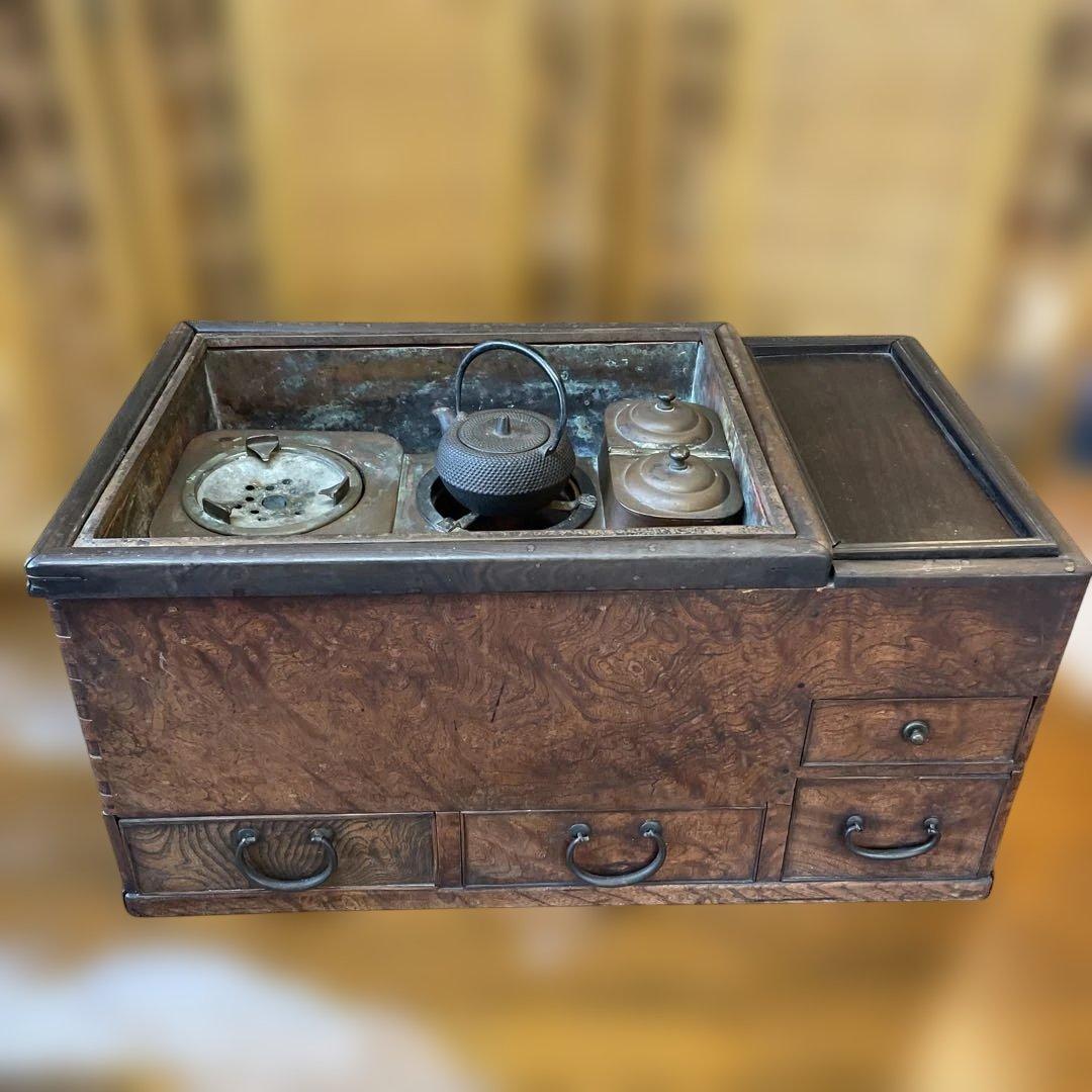 【骨董】関東火鉢　長火鉢　木製　明治・大正時代作　レトロ　道具