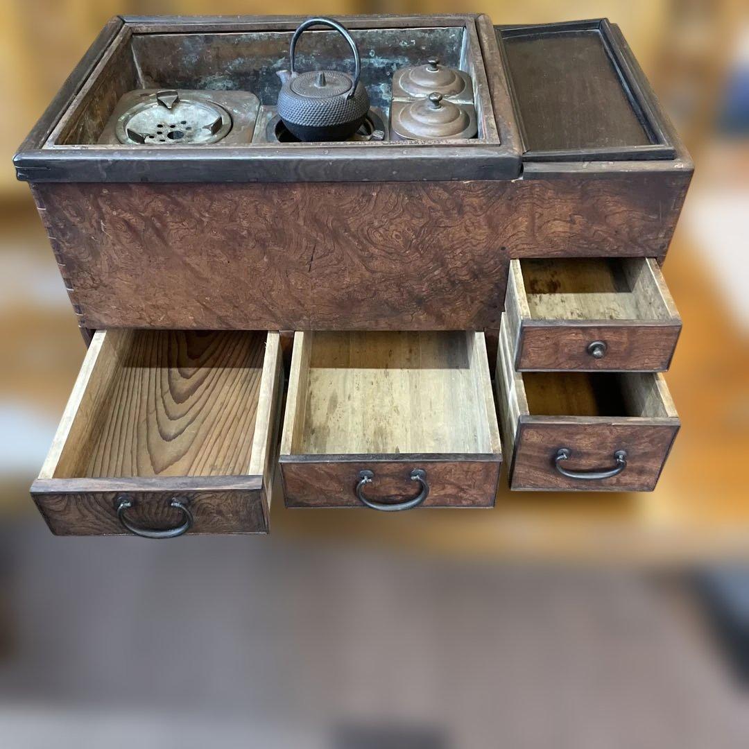 【骨董】関東火鉢　長火鉢　木製　明治・大正時代作　レトロ　道具