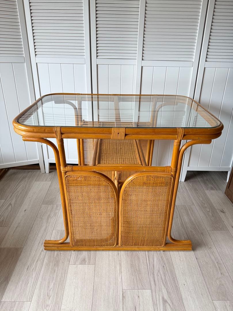 ラタン ガラステーブル 籐 ダイニングテーブル レトロ ビンテージ