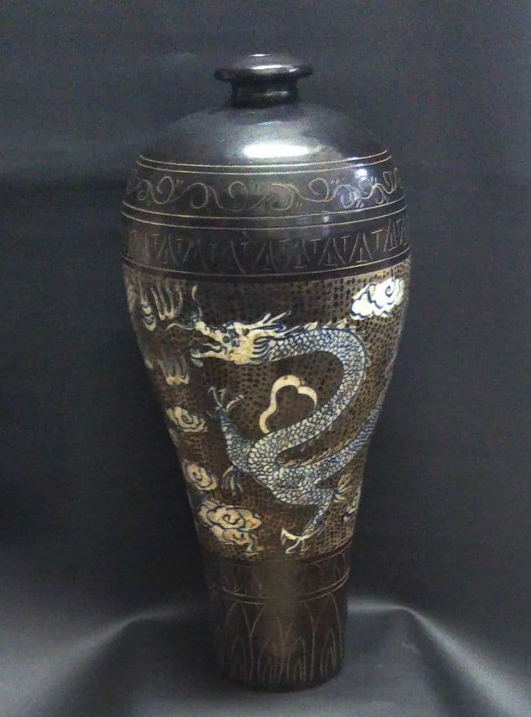 ※中国古美術/磁州窯黒掻落龍紋大梅瓶/北宋代/