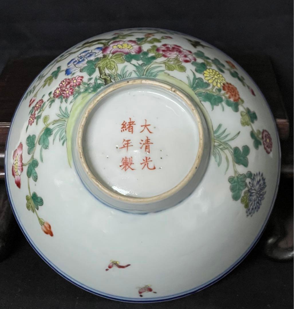 【倉庫整理品】中国古美術　清時代五彩花卉文茶碗【大清光緒年製】在銘/BL:0-7