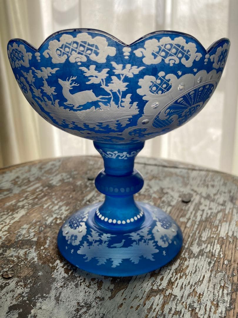 フランス　アンティーク　コンポート　グラビュール　ガラス