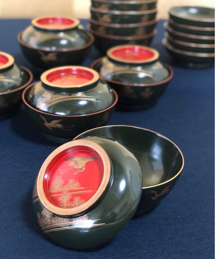 《R》青漆内朱 若松鶴蒔絵 菓子椀10客 木製漆器 木箱　250904H2