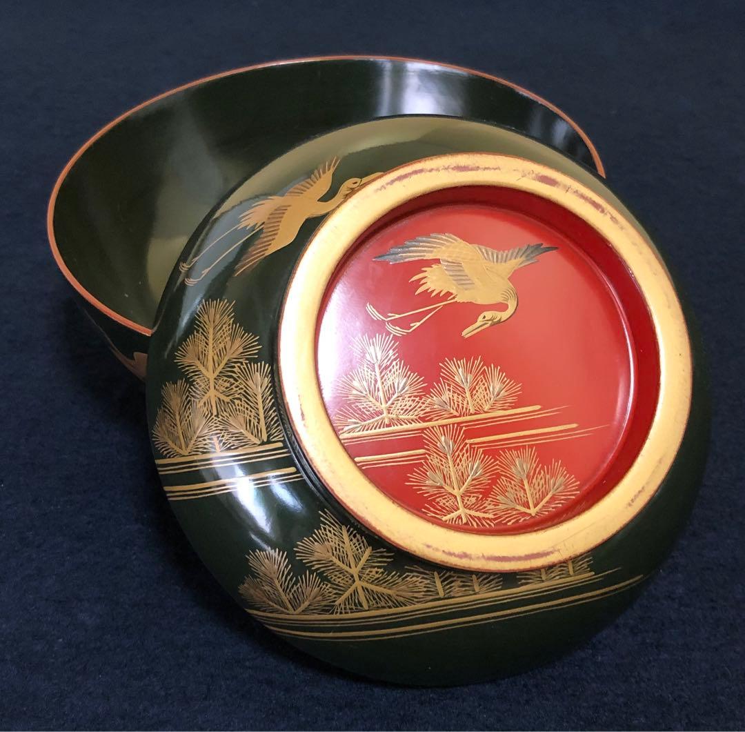 《R》青漆内朱 若松鶴蒔絵 菓子椀10客 木製漆器 木箱　250904H2