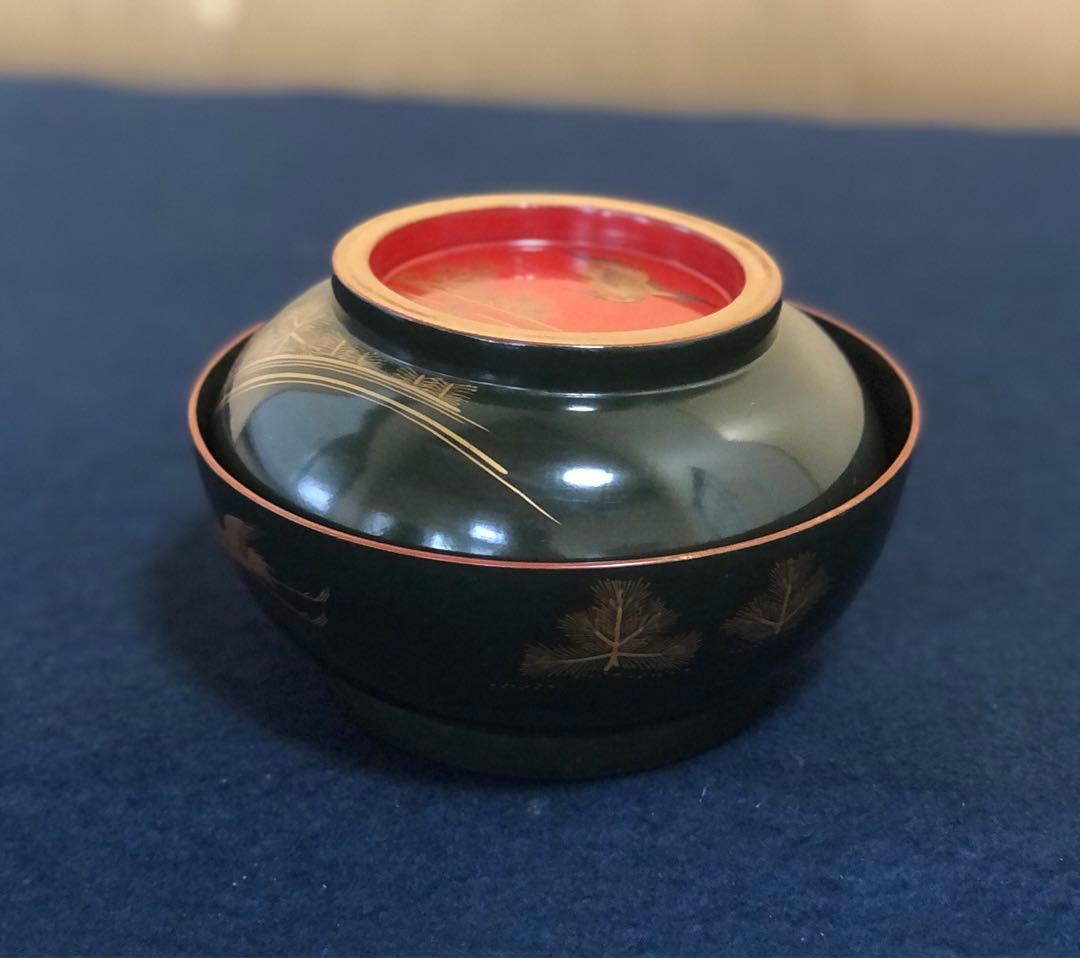 《R》青漆内朱 若松鶴蒔絵 菓子椀10客 木製漆器 木箱　250904H2