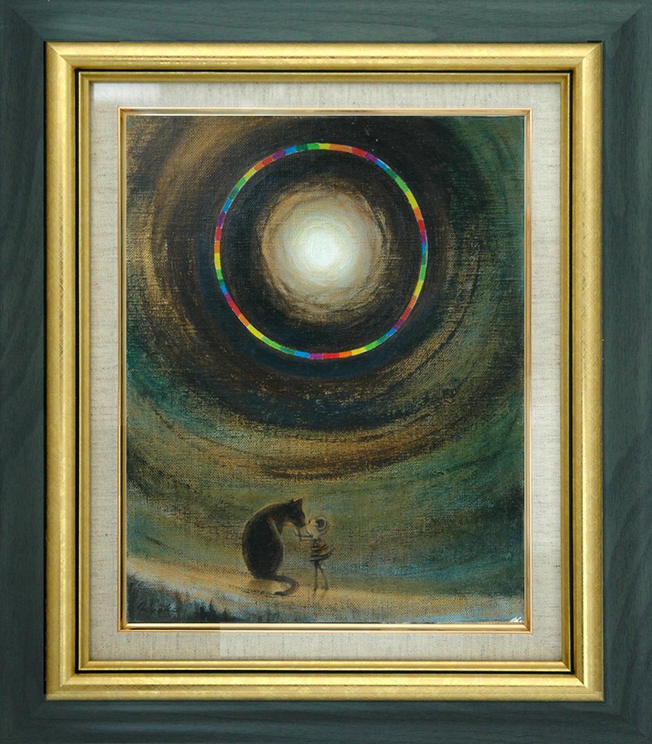 油絵 菅家令子絵 絵画インテリア額付(青緑＋金色の枠)F3-051821犬猫女子