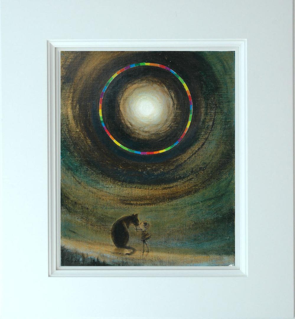 油絵 菅家令子絵 絵画インテリア額付(青緑＋金色の枠)F3-051821犬猫女子