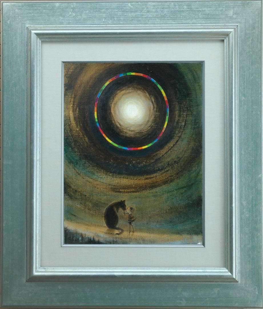 油絵 菅家令子絵 絵画インテリア額付(青緑＋金色の枠)F3-051821犬猫女子