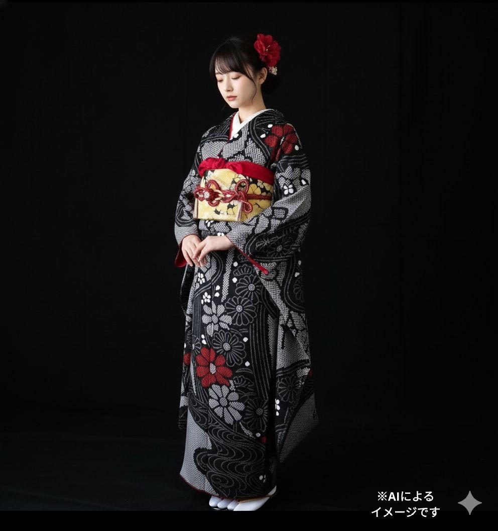 ☆199様　329.黒の総絞り　振袖7点セット　正絹　フルセット　成人式