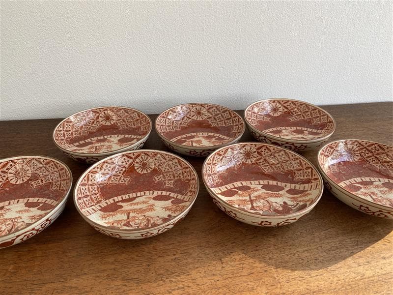 九谷焼　骨董　赤絵竹林賢人図中皿　7枚セット