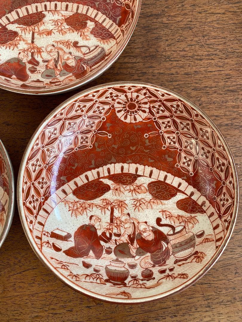 九谷焼　骨董　赤絵竹林賢人図中皿　7枚セット