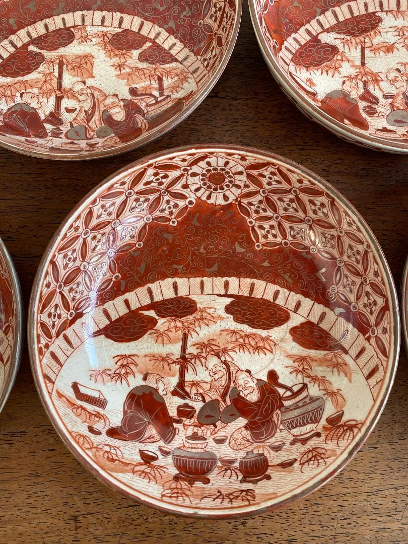 九谷焼　骨董　赤絵竹林賢人図中皿　7枚セット