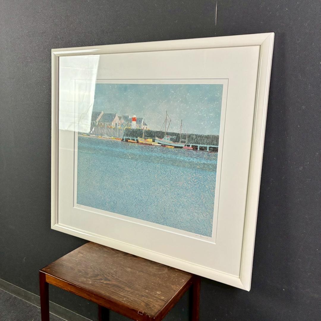 美品 アンドレ・ブーリエ「青いマリーナ」リトグラフ 直筆サイン入 額縁入り