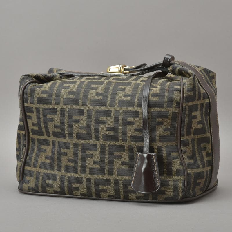 美品◇フェンディ ズッカ柄 バニティバッグ ハンドバッグ 鍵付き ジャガード 茶