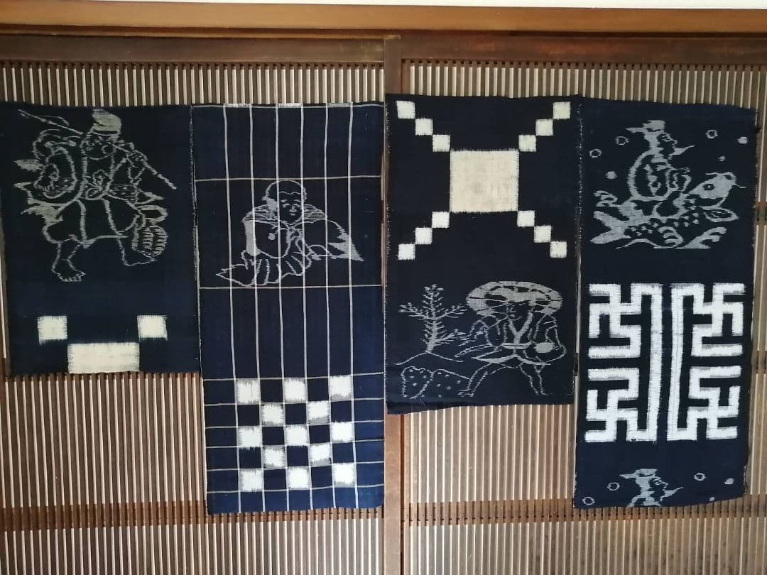古い絵絣　ハギレ　人物文4点まとめて