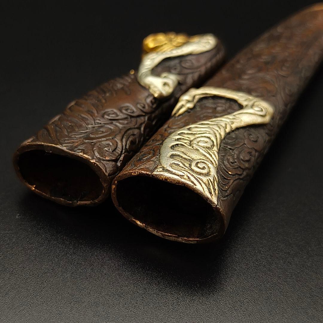 年末セール　銅製刀装具　短刀拵　柄鞘一式　獣の図　絵金銀　金工品　細工　刀装具