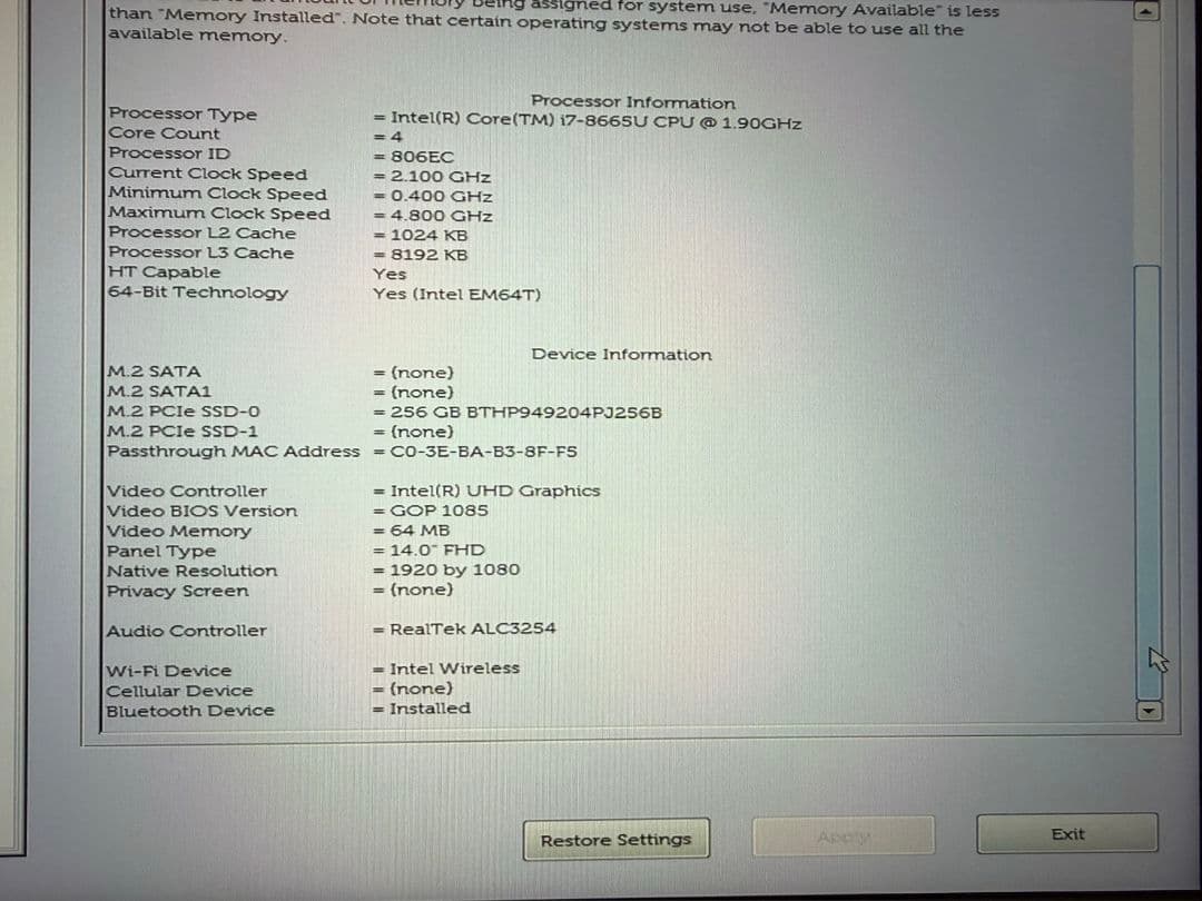 DELL ノートPC i7 8665U 8GB SSD256GB OSなし