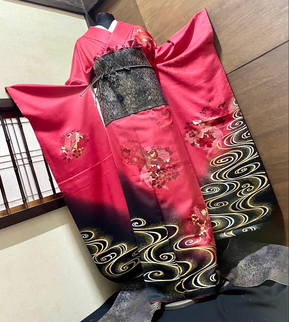 振袖フルセット6点サイズM〜Ｌ鳳凰花蝶丸文　暈し染め　金銀彩　金糸　正絹