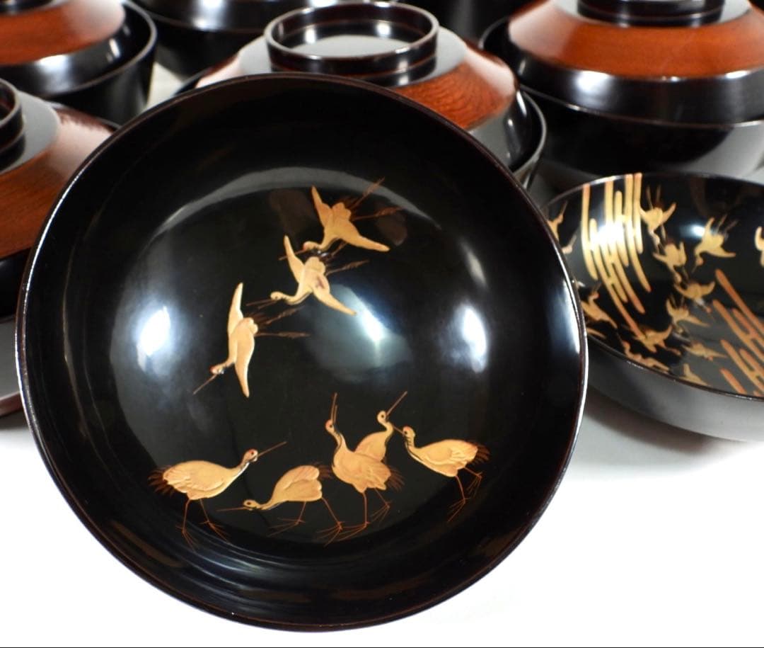 【ゆりかご】金蒔絵 千羽鶴 黒塗煮物椀 10客 木製漆器 天然木