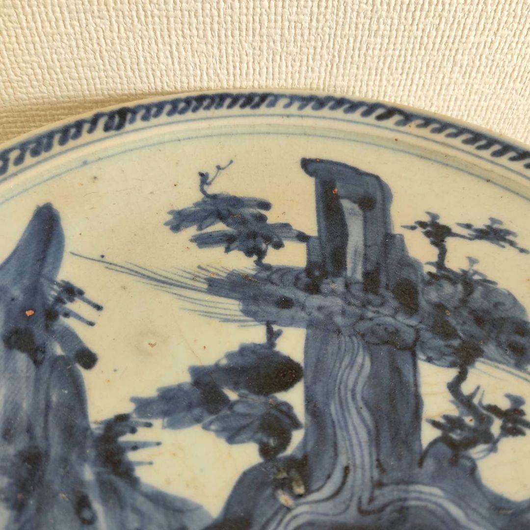 お値下げしました、初期伊万里　染付　蓬莱山　楼閣山水　滝文皿　箱付