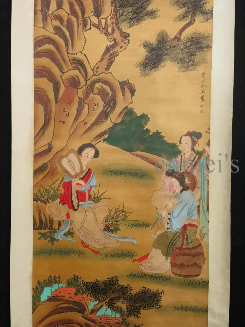 中国古美術 明代 仇英作款 仕女図 水墨画 絹本 肉筆 四尺 中堂画 掛け軸