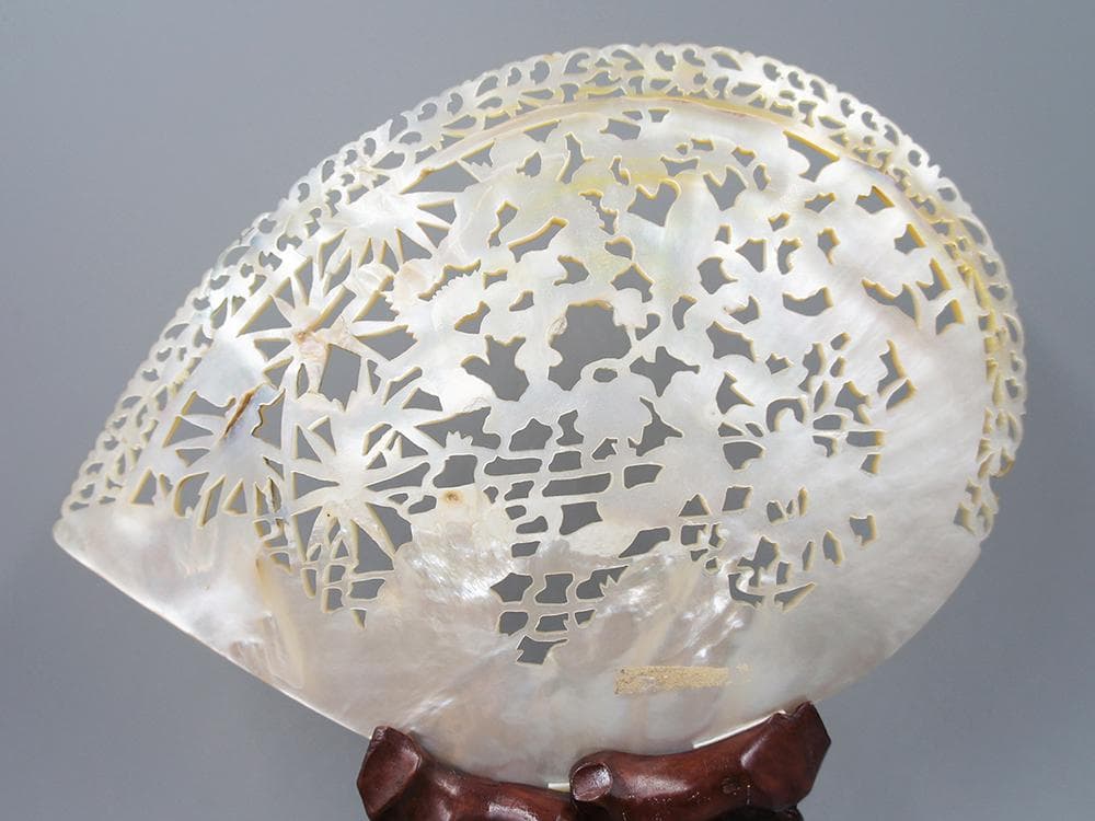 【貝】　★ 文房 貝彫花鳥図擺件 ★　清朝期　竹 牡丹 喜鵲 彫刻文様　雅玩雑項