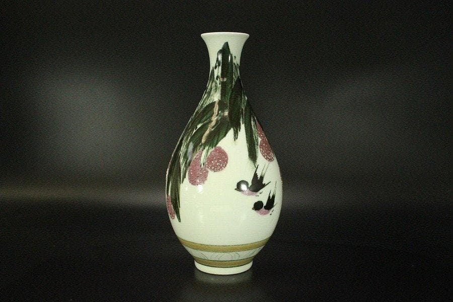 中国美術 色絵 花鳥紋 在銘 瓶 高32.5cm 作家物 N909