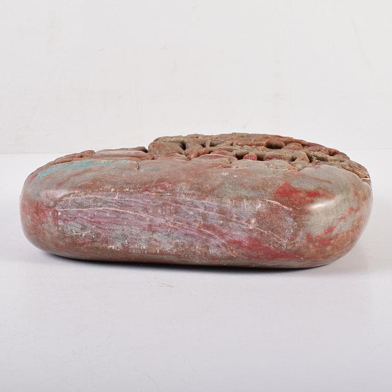 中国　玉石彫刻　鶏血石　山水人物刻　床飾　置物　唐木台付　F　R7719B