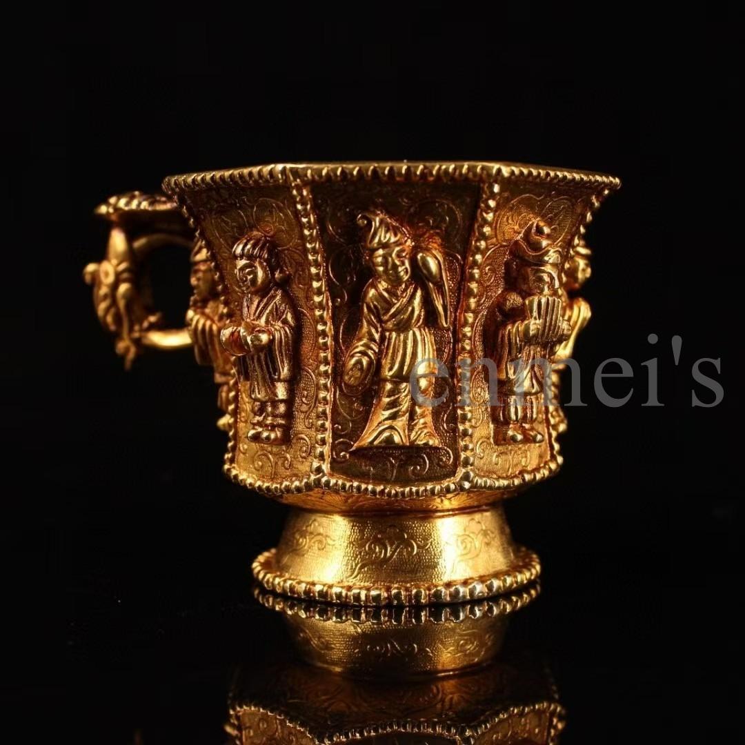 中国古美術・純銅製・鎏金八仙杯・酒器・酒具・人物彫刻入り・高浮彫・置物・茶道具