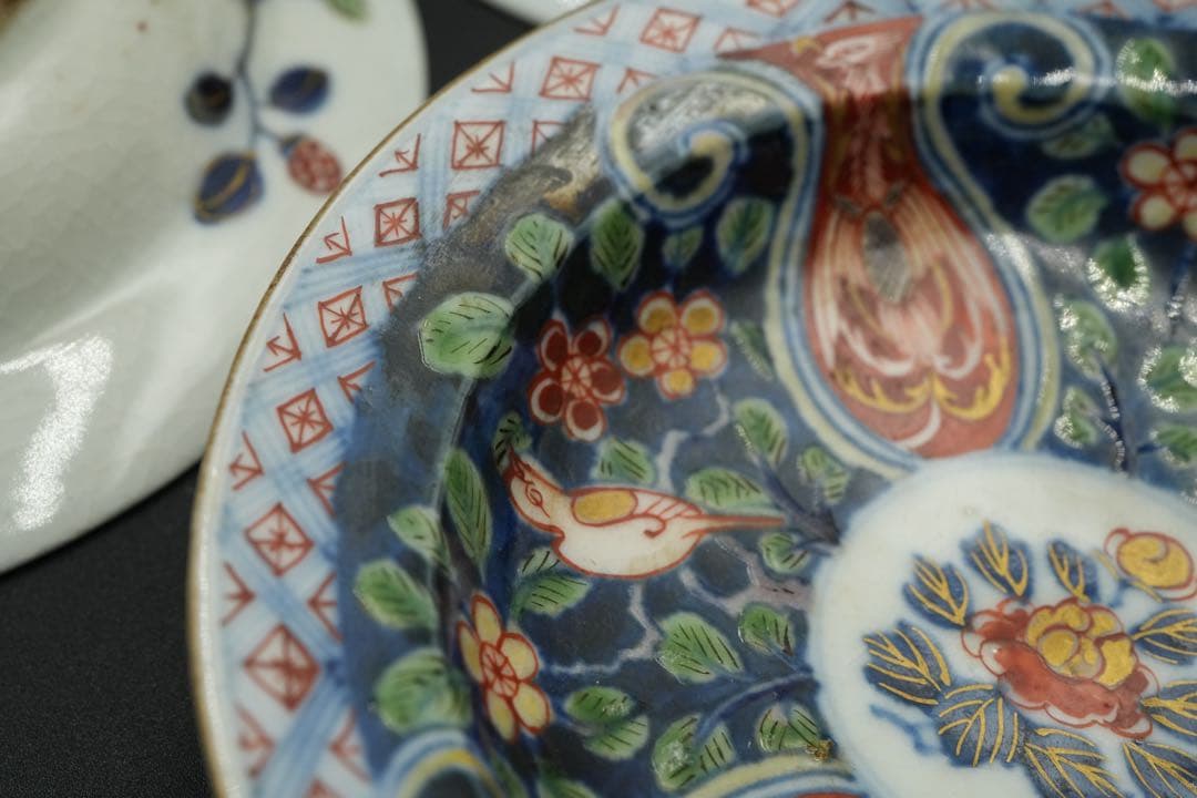 古伊万里　里帰り　元禄享保染錦皿　五客　磁貫アリ