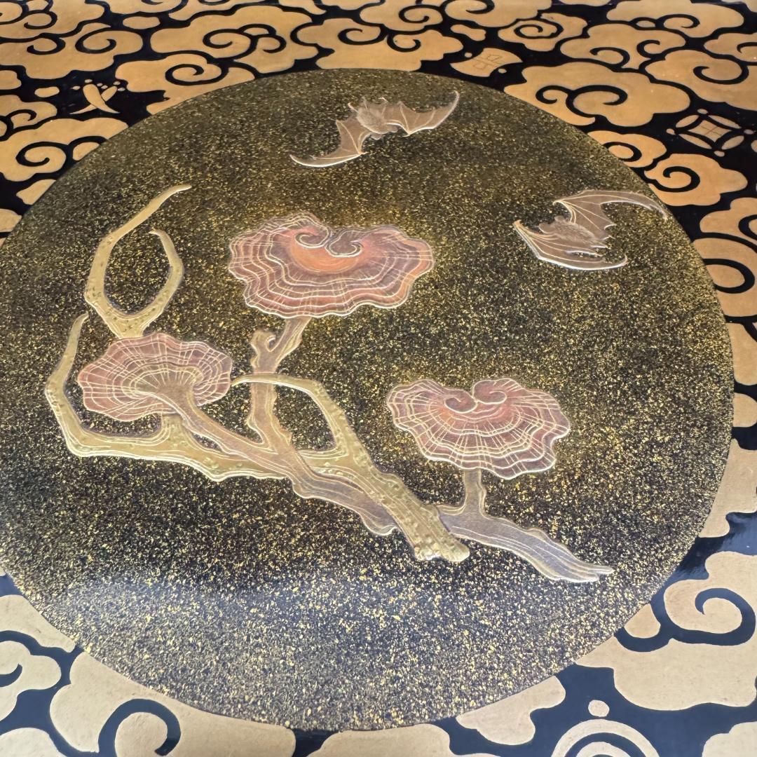 江戸中・後期 重金蒔絵 雲文霊芝様 献菓台 共箱 天然木 漆芸 　縁起