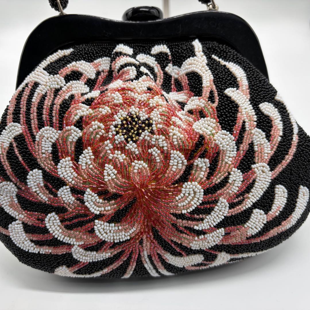 1570 総ビーズ ハンドバッグ 乱菊 黒地 昭和レトロ 和装小物 成人式