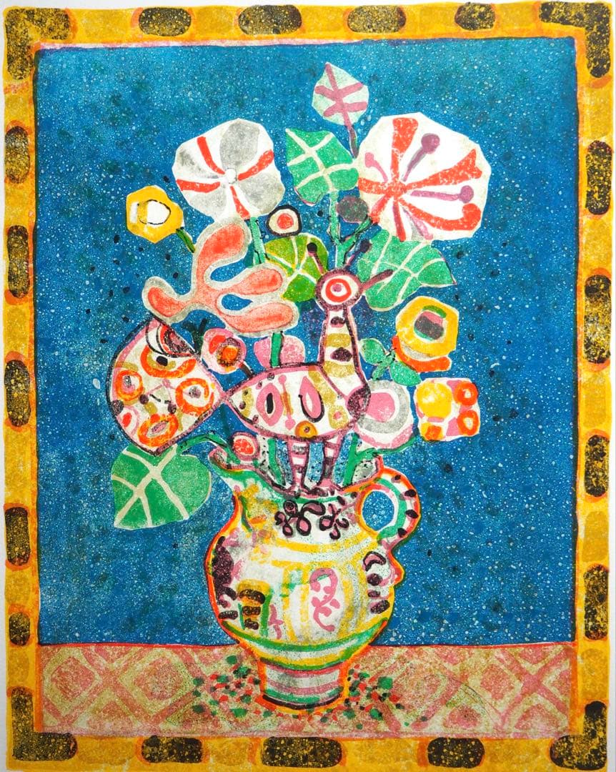 ワ*コ様 真作■ポール・アイズピリ 版画 青い背景の花 直筆サイン■絵画 リトグ