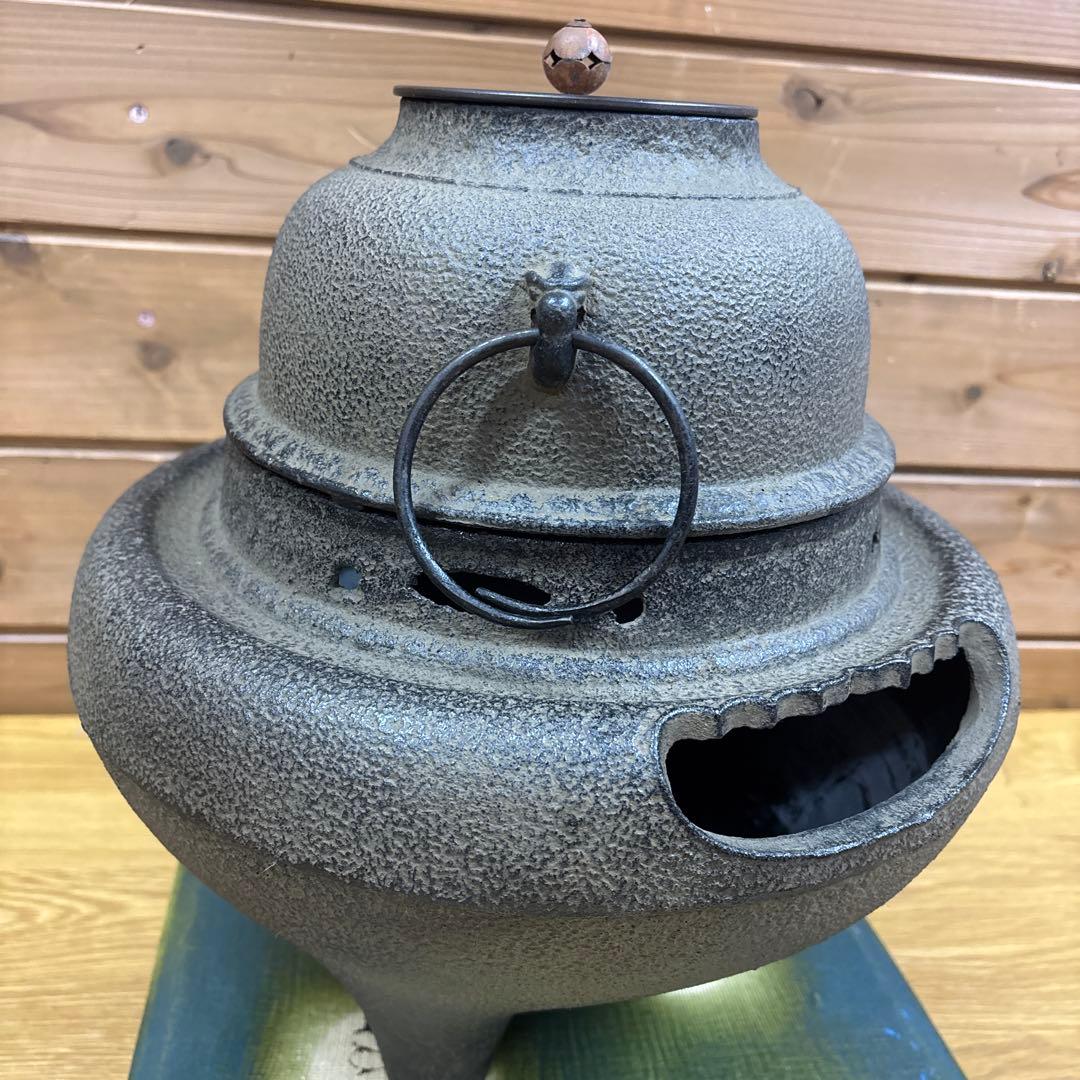 【美品】茶道具/朝鮮風炉釜 茶器 鉄瓶 鉄釜 唐銅蓋 釜環 茶釜 台付