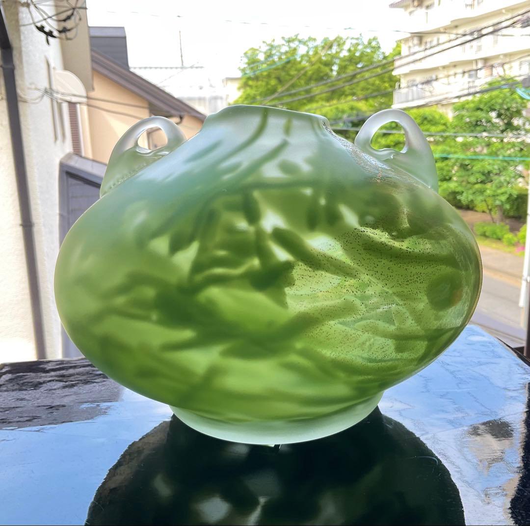 藤田喬平　美しいグリーン模様「ガラス扁壺」