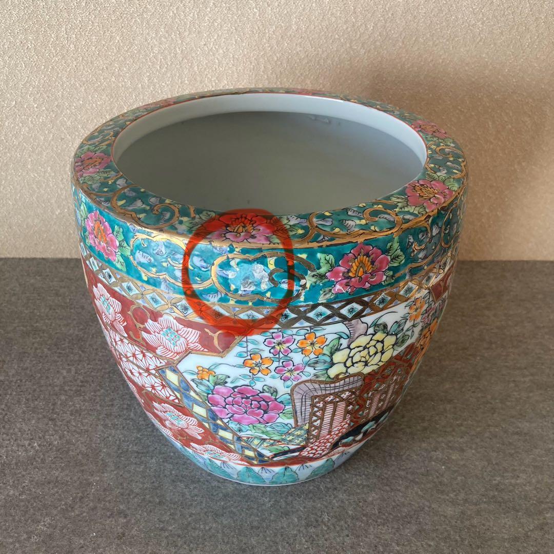 火鉢　カラフル　金彩　上絵　赤絵 手あぶり　装飾　手描き　九谷　メダカ鉢　金魚鉢