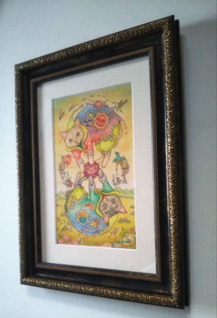 【原画】『運命のダイス』猫　絵画　パステル画　アンティーク　ミステリアス